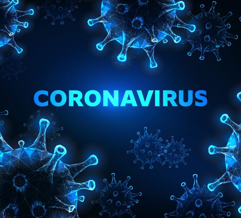 Futuristic glowing low polygonal coronavirus cells banner on dark blue background.